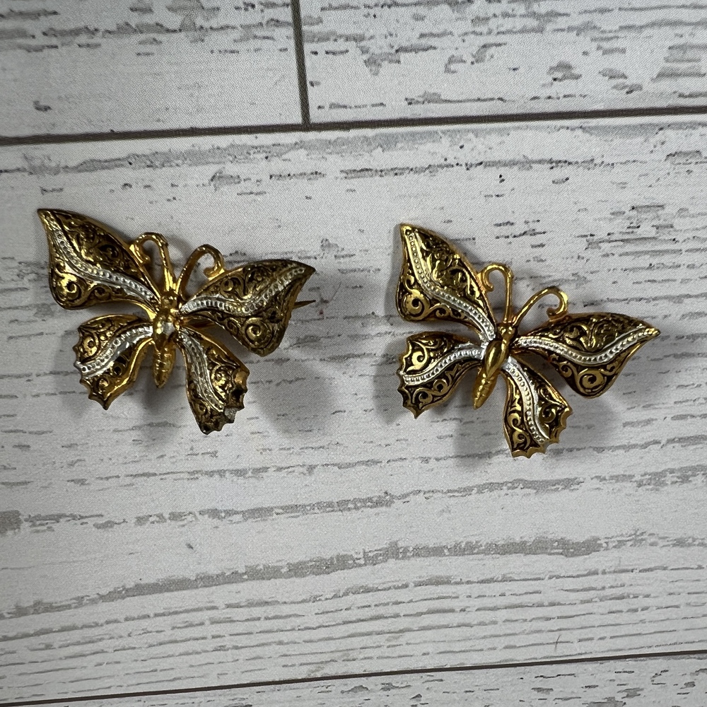 2 Butterfly Pins Gold Plated Butterfly Filigree Gold Tone Feminine Vintage